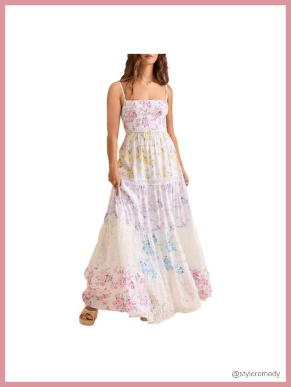 Women Floral Maxi Dress Smocked Spaghetti Strap Lace Patchwork Tiered Boho